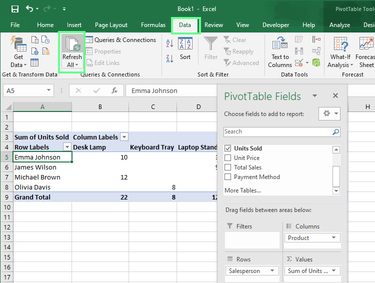 Refresh the PivotTable manually in Excel
