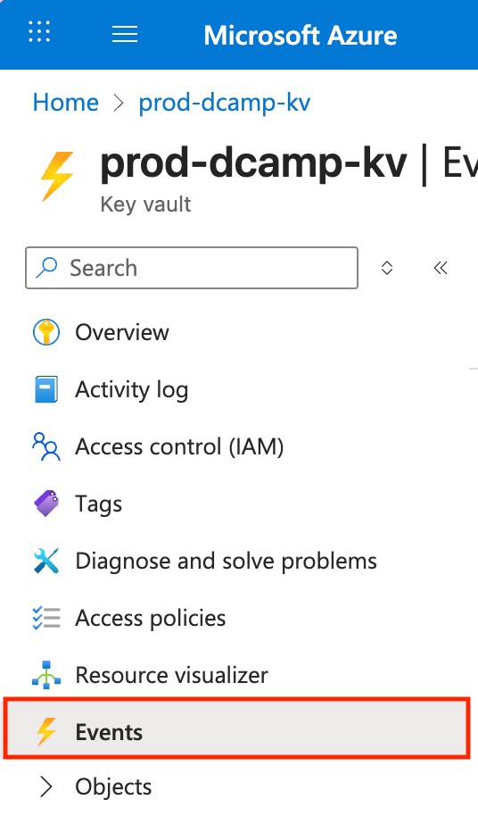 Screenshot of the Azure Key Vault interface. The “Events” option is selected on the left-side menu.