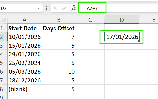 How to add days to a date in Excel using simple arithmetic.