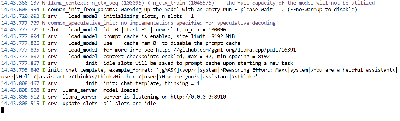 the llama.cpp server is running and providing access to the GLM 5.2 model