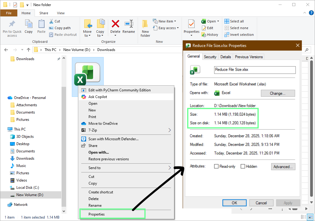 checking the file size of Excel using Windows Explorer.