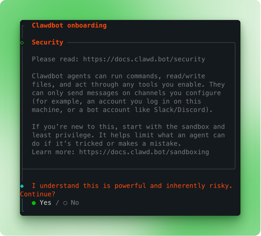 Title: Security warning explaining Moltbot's capabilities - Description: Security warning explaining Moltbot's capabilities