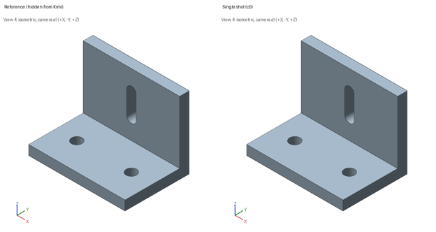 Side-by-side isometric renders of the hidden reference bracket and Kimi's first CadQuery reconstruction from the same camera