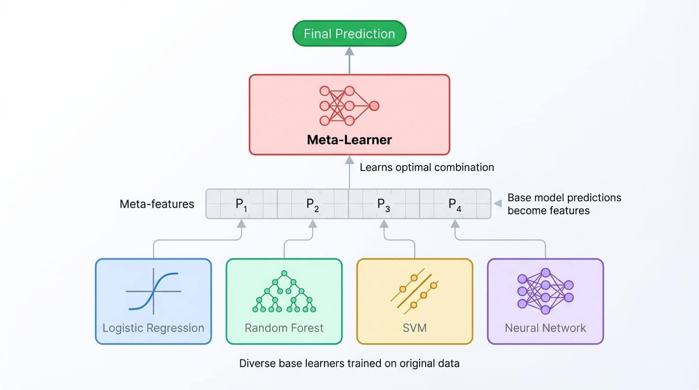 Stacking ensemble architecture showing diverse base models feeding predictions to a meta-learner that combines them for the final output