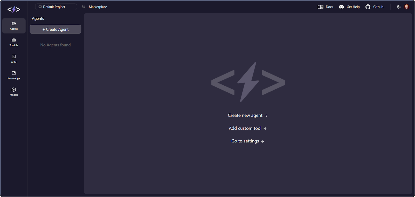 Screenshot of the SuperAGI web dashboard showing agent list, APM metrics, and tool marketplace.