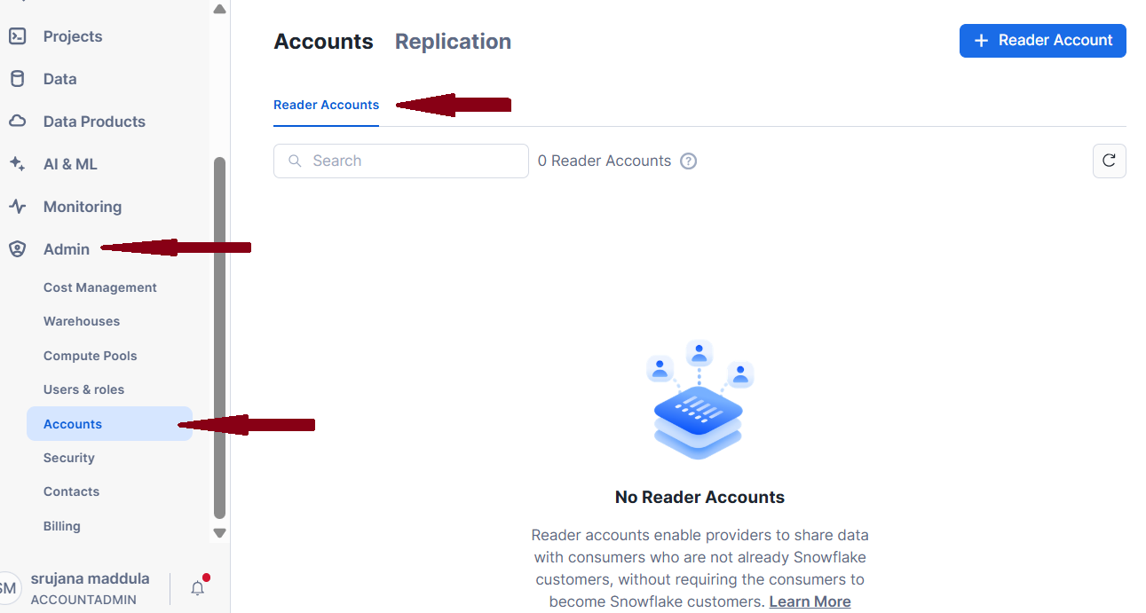 Setting up then reader accounts in snowflake