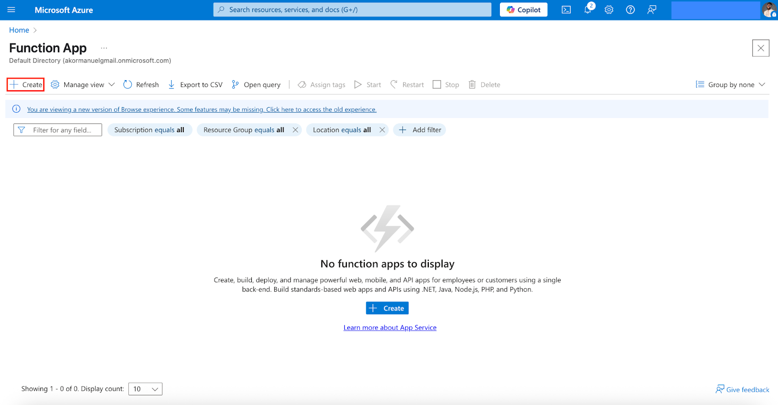 Screenshot of the Function App page in Azure Portal. The “+ Create” button is visible and ready to start creating a new Function App.