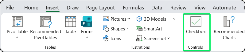 Insert tab showing checkbox button in Cell Controls group