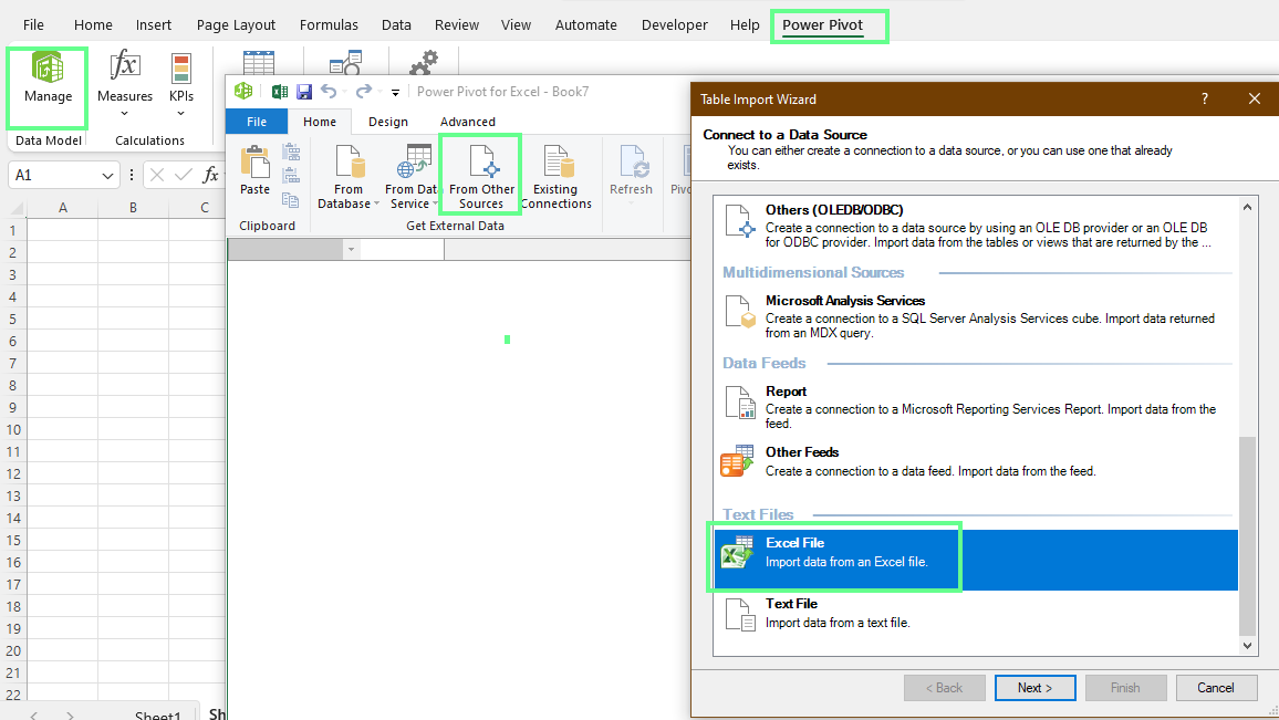 Get the data from other sources in excel Power Pivot.