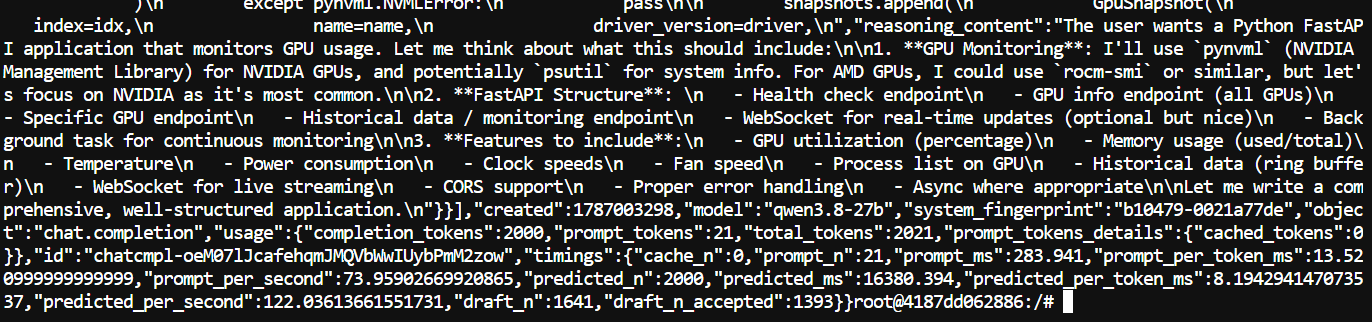 Testing the Qwen3.8-27B-NVFP4-MTP-GGUF using the CURL command