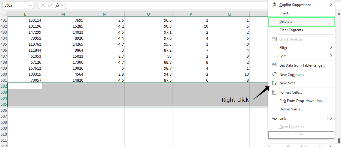Deleting blank and unused rows in Excel.