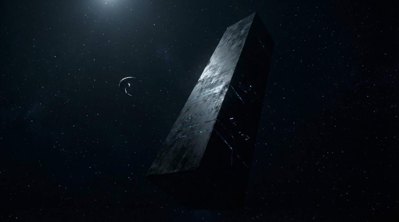 Ancient alien monolith with glowing symbols in space generated by Nano Banana Pro as reference image for blending