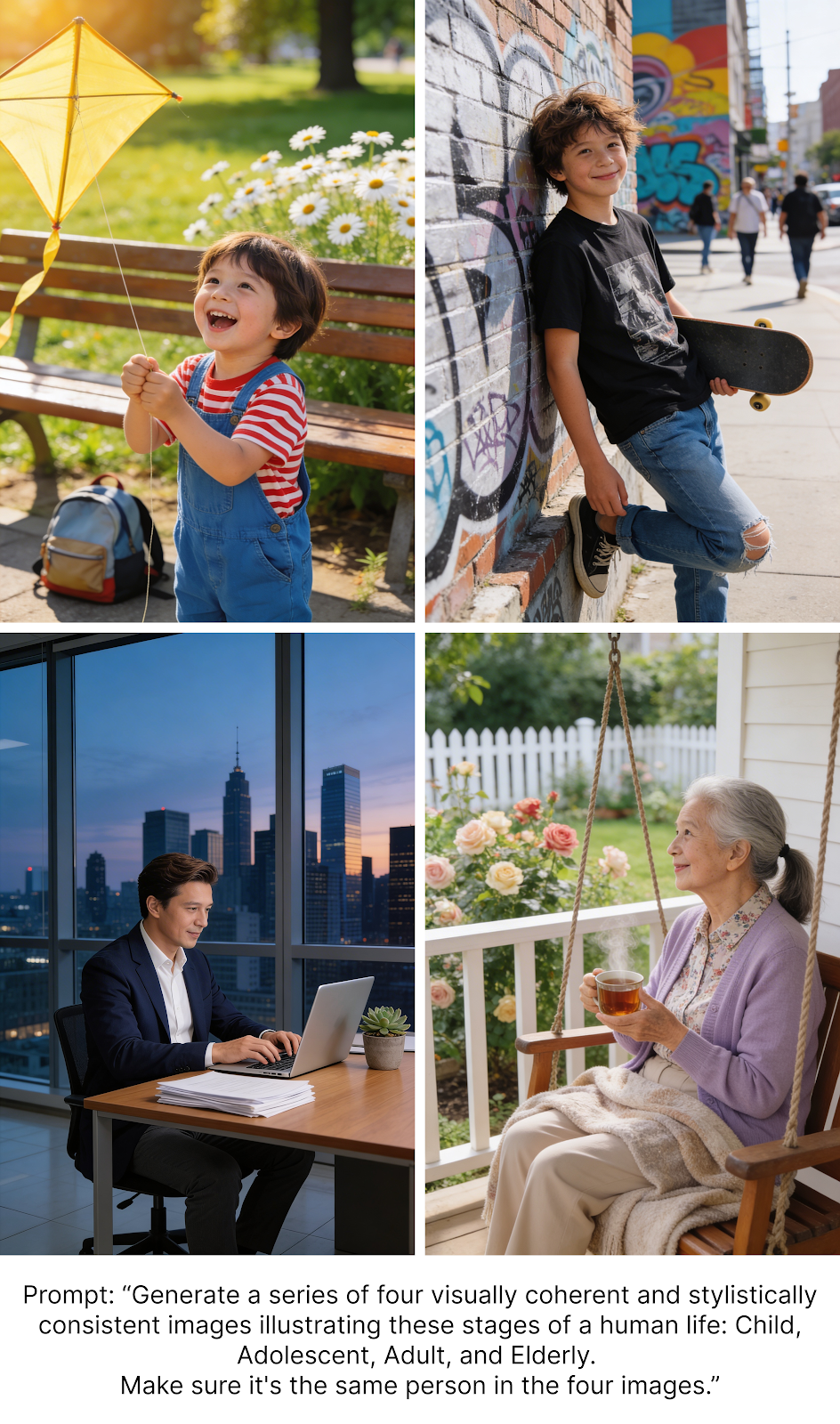 Seedream 4.5 AI sequential image generation example: four-panel collage of the same person across life stages—child flying a kite, teen skater by graffiti, adult man working at a laptop, elderly woman sipping tea on a porch.