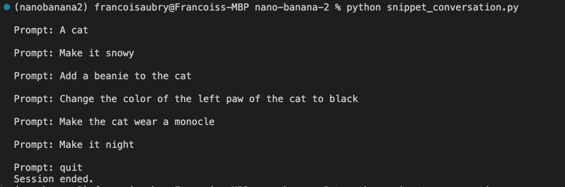 Gemini API ile Nano Banana 2 kullanılarak Python sohbet modunda etkileşimli düzenleme terminal ekran görüntüsü: kedi görseli için yinelemeli düzenlemeler: snowy, add beanie, left paw black, add monocle, make it night.
