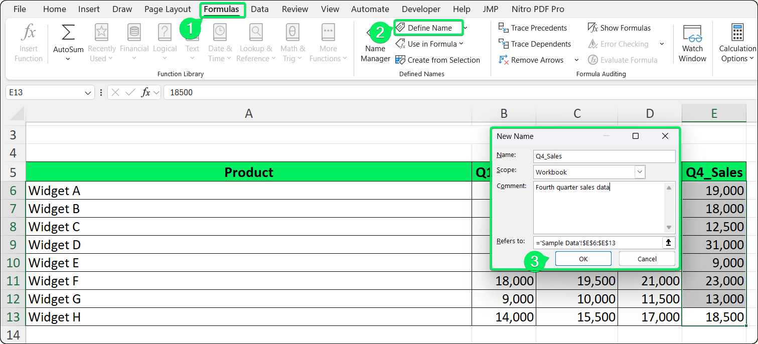 The New Name dialog in Excel showing fields for Name, Scope, Comment, and Refers to.