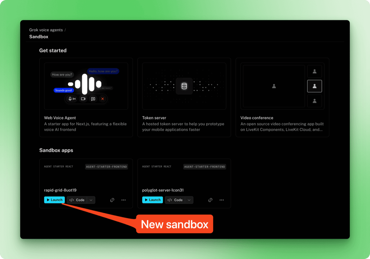 Sandbox page showing newly created voice agent sandbox