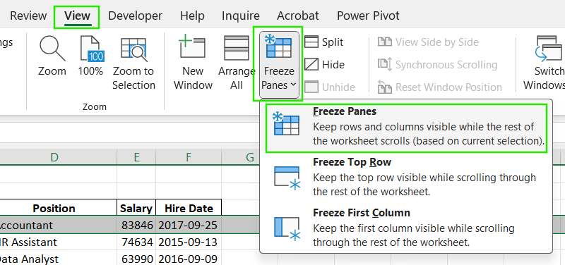 Freeze Panes option in Excel.