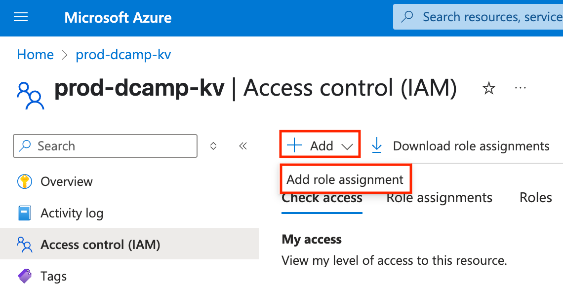 Screenshot of the Access Control (IAM) page in Azure Key Vault. The “+ Add” button is clicked, and “Add Role Assignment” is selected from the drop-down menu.