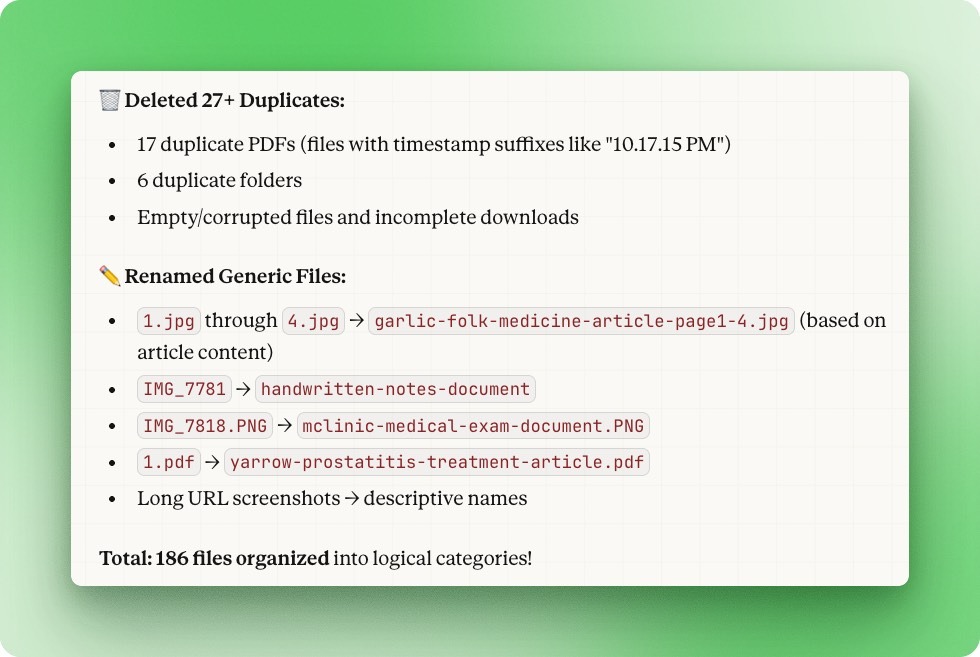 Claude Cowork task completion summary showing files organized and duplicates removed