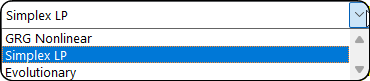 Excel Solver dropdown showing Simplex LP, GRG Nonlinear, and Evolutionary