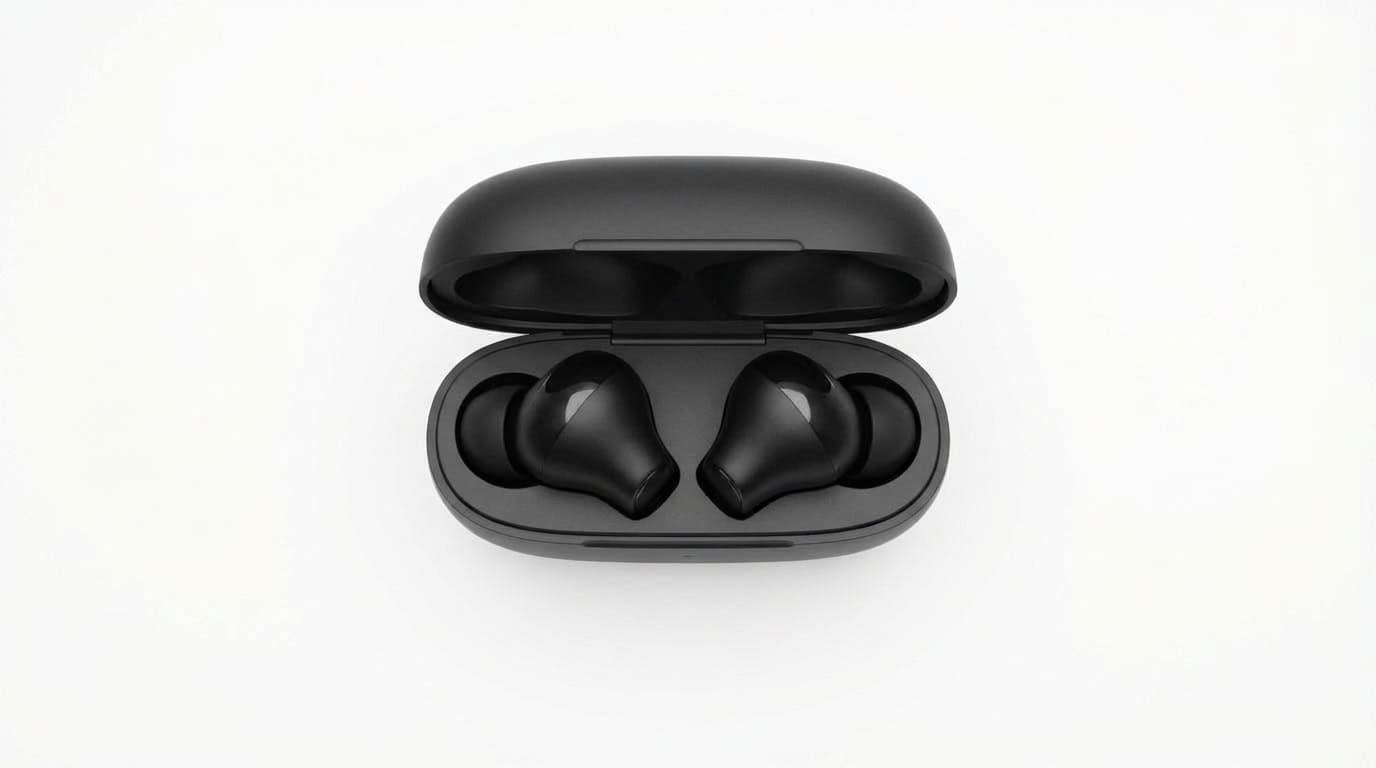 Same wireless earbuds from bird's eye overhead view demonstrating Nano Banana Pro camera angle control without regeneration