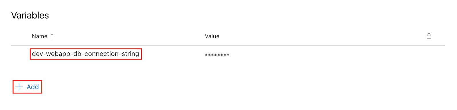 Screenshot of the Variables section in an Azure DevOps Variable Group. The “+ Add” button is clicked, showing a list of available secrets like dev-webapp-db-connection-string to select from.