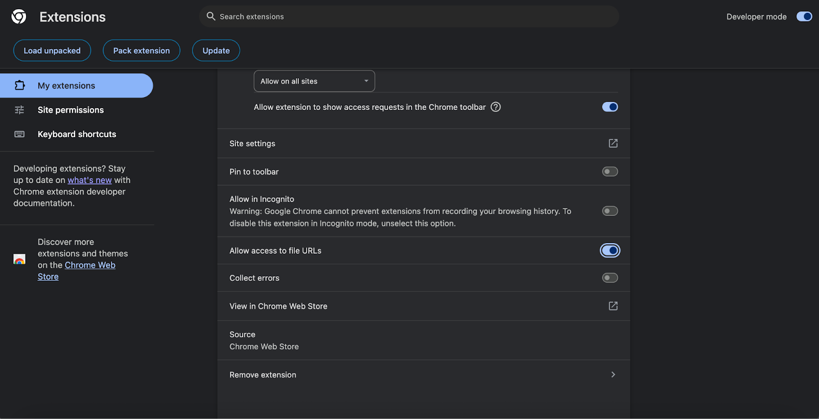 Allowing the extension to access local files.