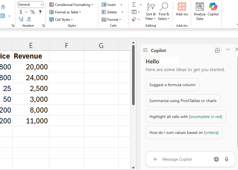 Copilot panel in Excel