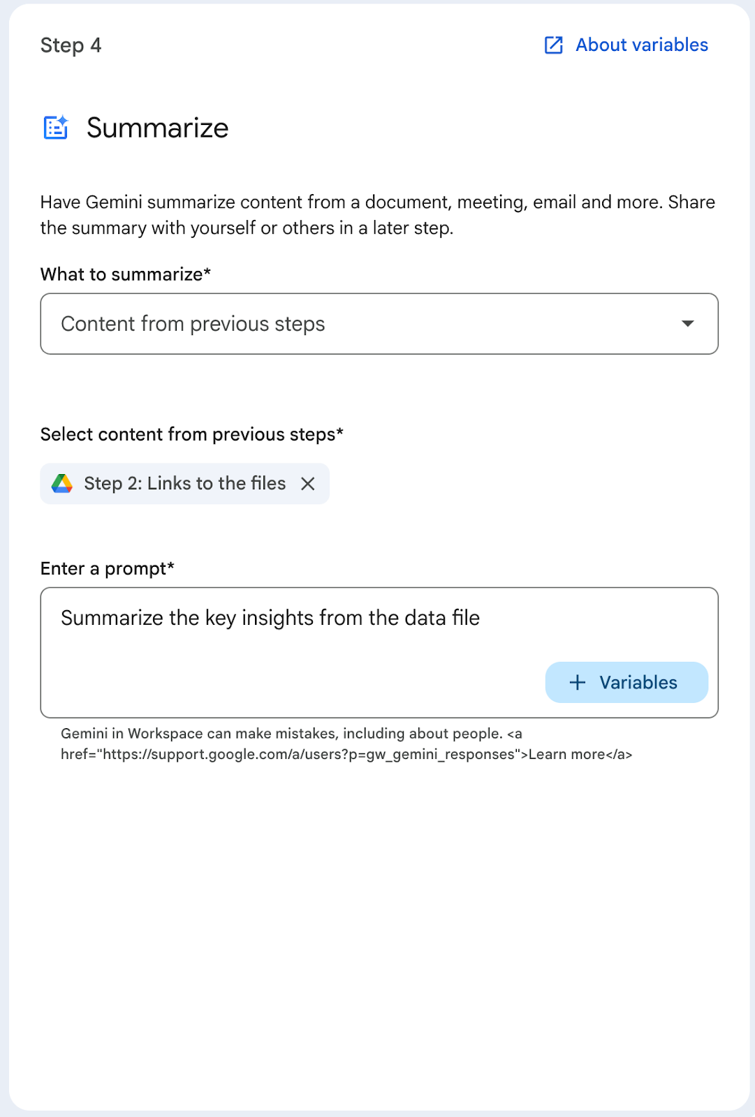 Workspace Studio Gemini powered summarisation