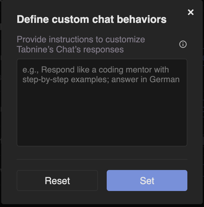 Interface de configurações personalizadas do chat do Tabnine no VS Code, mostrando uma caixa de entrada de texto pra definir instruções pra personalizar as respostas da IA, incluindo um exemplo de prompt com orientações passo a passo em alemão.