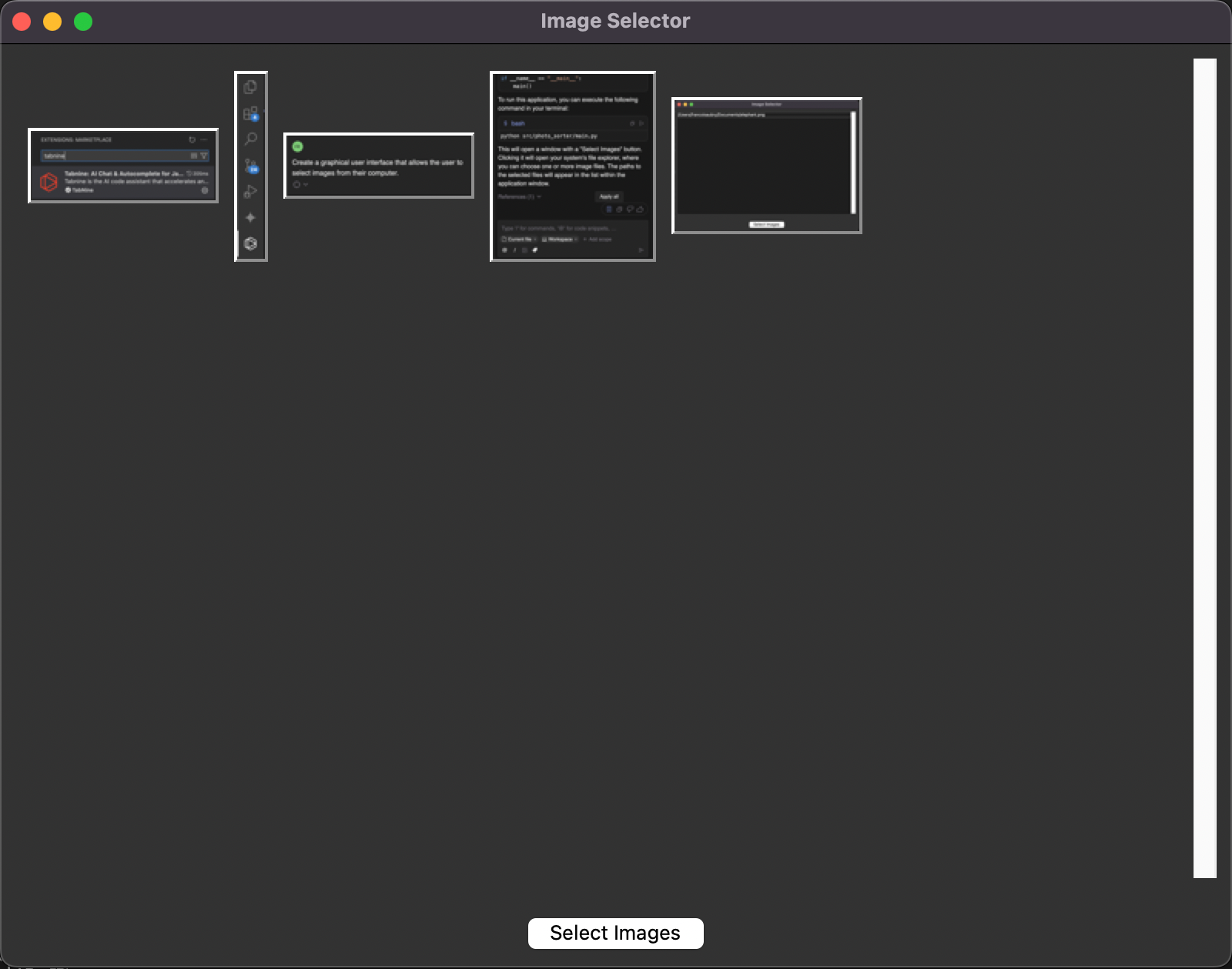 Interface de um editor de imagens com IA em um fundo escuro, mostrando miniaturas de imagens e um botão “Selecionar Imagens” na parte de baixo, feito pra interação do usuário com recursos de seleção de arquivos.