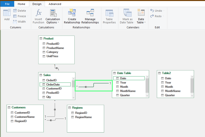 Linking the Date from Date Table table to OrderDate in Sales table in Excel Power Pivot.