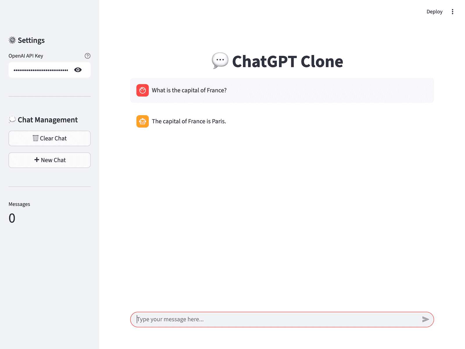 Chat interface showing first user question 'What is the capital of France?' with AI response 'The capital of France is Paris' and message counter updated to 2 messages