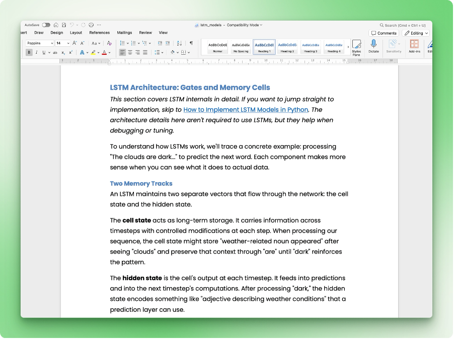 Title: Word document output from the OpenClaw notebook-to-docx skill showing preserved headings, code blocks, formatted text, and hyperlinks - Description: Word document output from the OpenClaw notebook-to-docx skill showing preserved headings, code blocks, formatted text, and hyperlinks