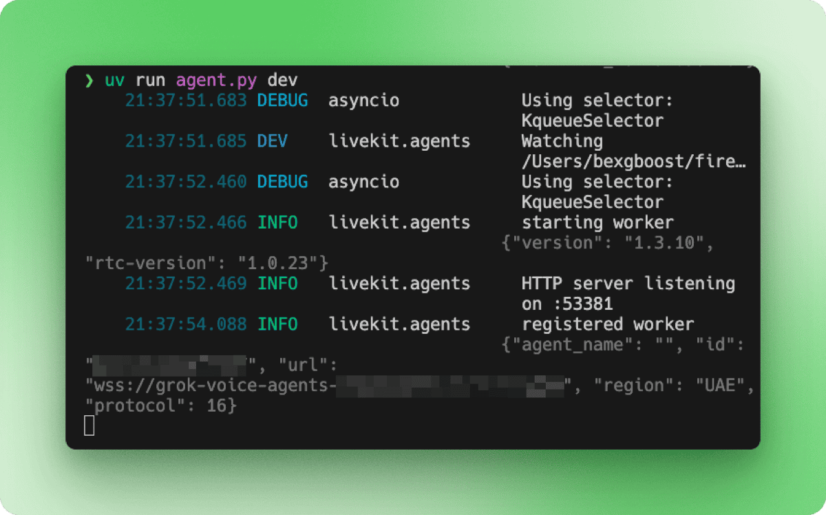 Terminal output showing Grok voice agent startup with worker registration and HTTP server listening