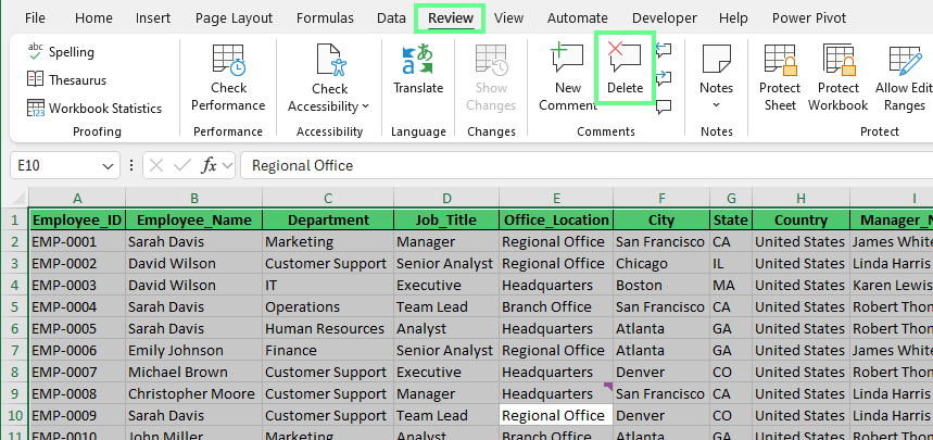 Deleting comments in Excel.