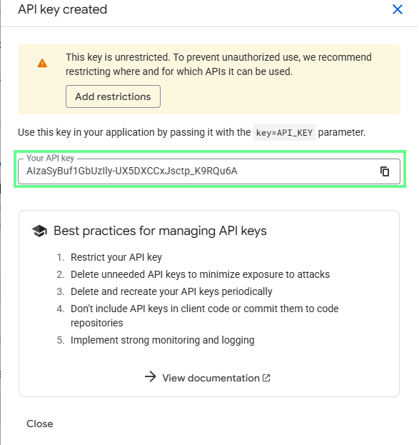 Copy the generated API key from the Google Console.