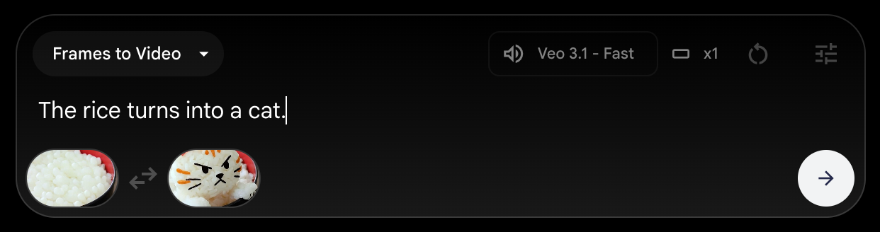 Screenshot showing how to use the "Frames to Video" feature in Veo 3.1