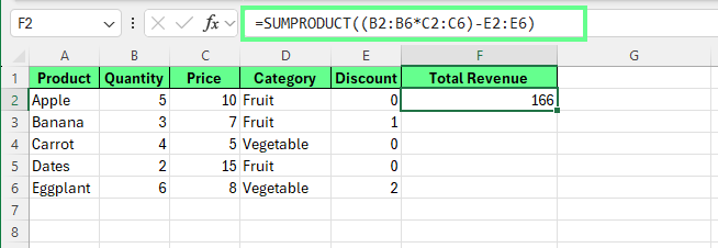 Using arithmetic expressions and operators in SUMPRODUCT