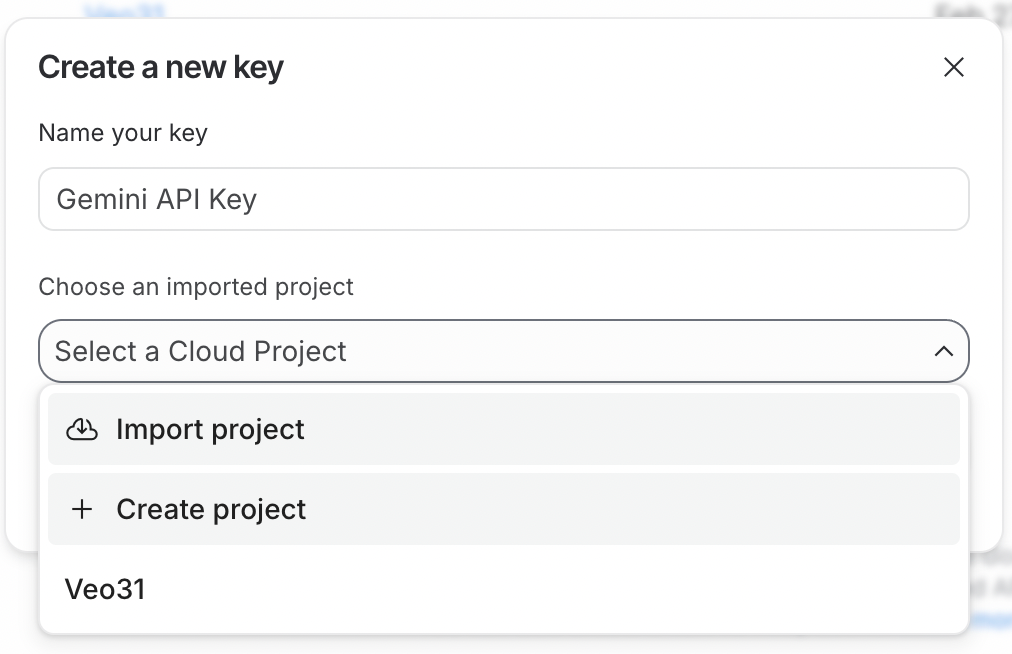 Google AI Studio “Create a new key” modal for Nano Banana 2/Gemini API setup showing “Gemini API Key” name field and Select a Cloud Project dropdown (Import project, Create project, Veo31).