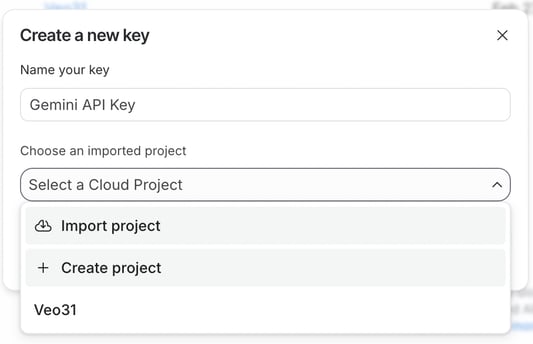 Nano Banana 2/Gemini API kurulumu için Google AI Studio’daki “Create a new key” penceresi; “Gemini API Key” ad alanı ve Select a Cloud Project açılır menüsü (Import project, Create project, Veo31).