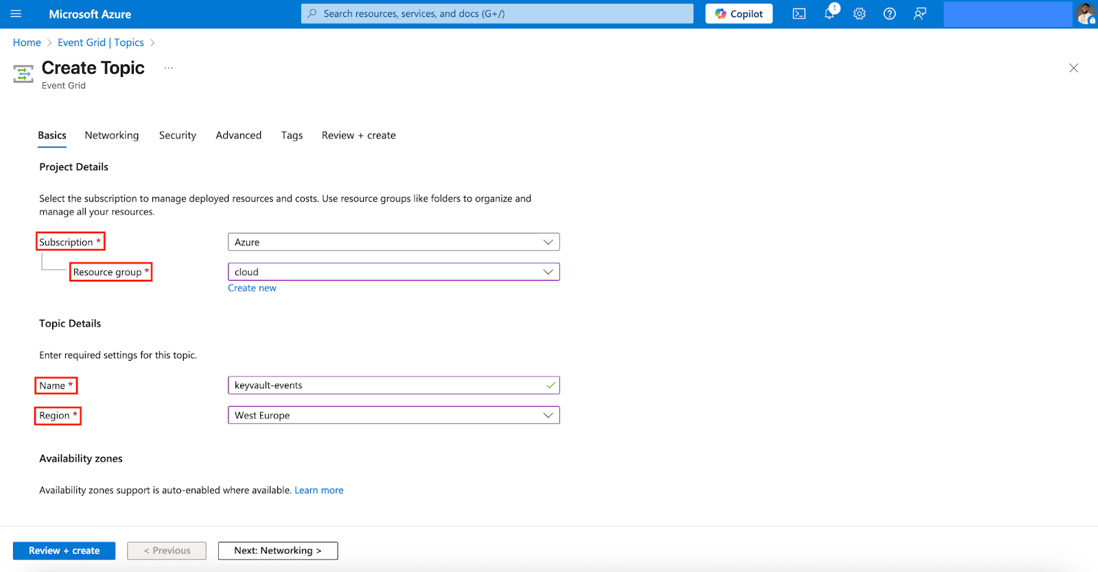 Screenshot of the Create Topic form in Azure Event Grid. Fields filled include subscription, resource group, topic name, and region, matching those of the existing Key Vault.