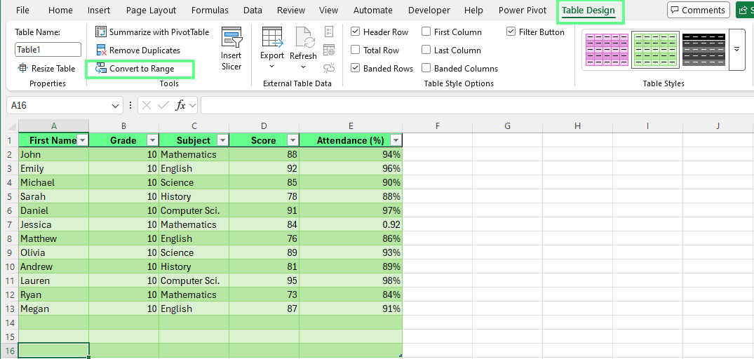 Convert the table to the normal range while keeping the banded colors in Excel.