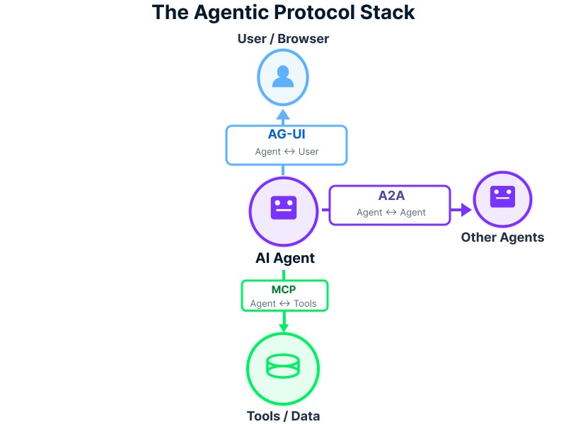 Diagram showing the three core agent protocols: AG-UI connecting agents to users, MCP connecting agents to tools, and A2A connecting agents to other agents.