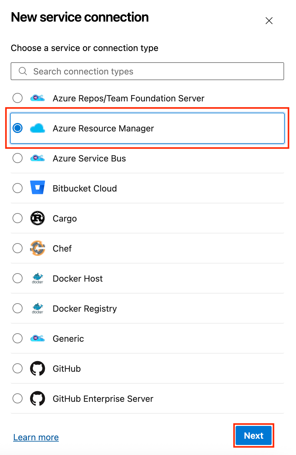 Screenshot of the New Service Connection dialog in Azure DevOps. “Azure Resource Manager” is selected from the list, and the “Next” button is highlighted.