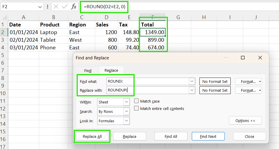 Using Find and Replace to update formulas in Excel