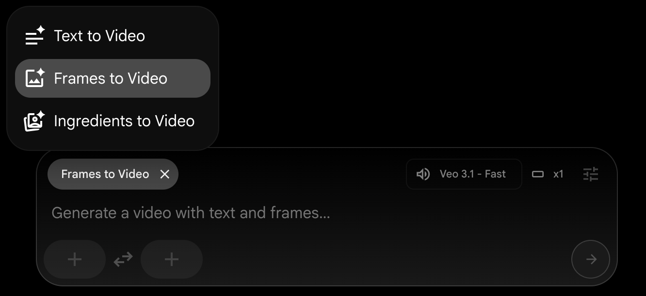 Veo 3.1 UI screenshot showing to select the frames to video option.