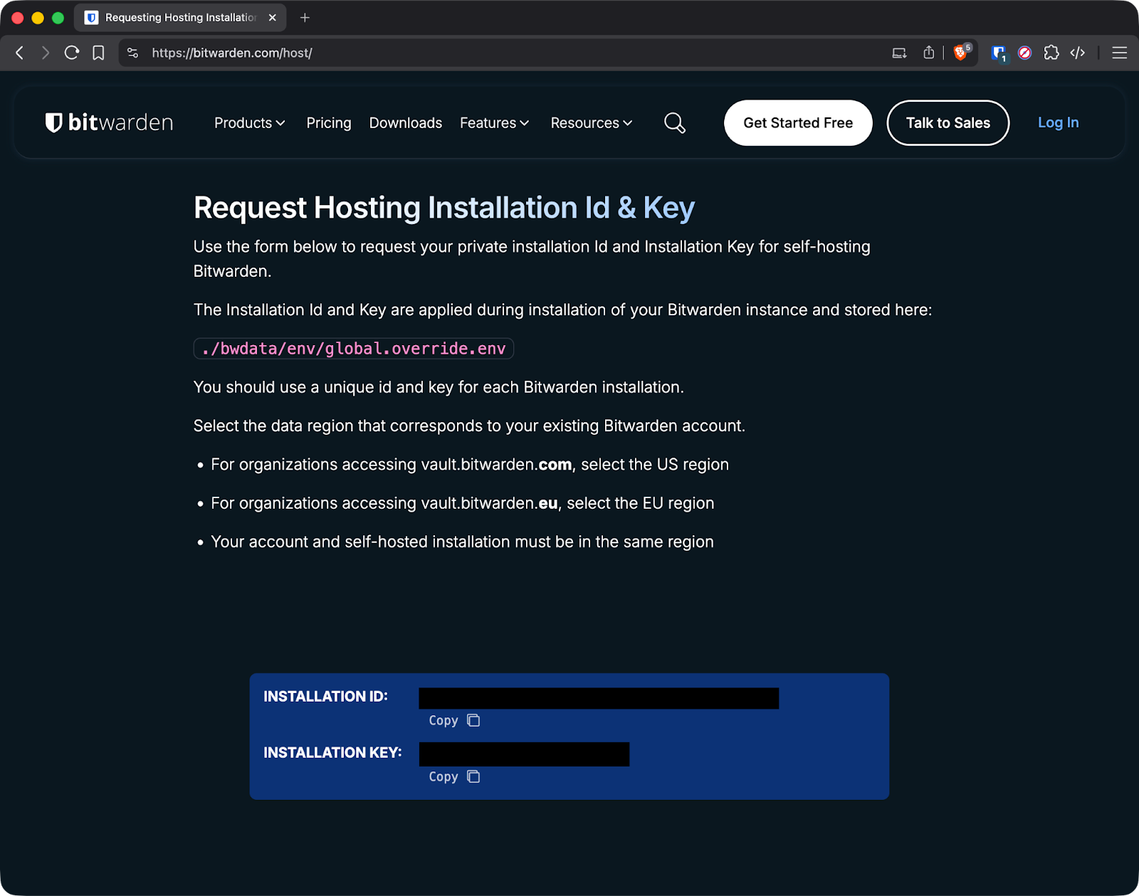 Bitwarden installation ID and key