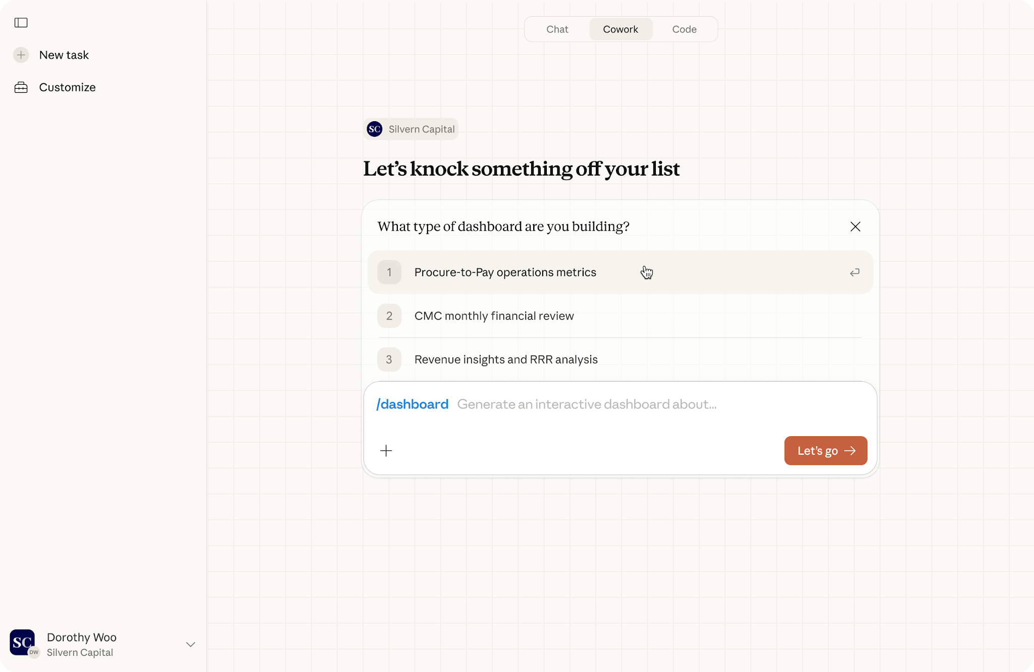 The structured form that launches a slash command in Cowork, shown by Anthropic with the /dashboard command: the command's hint sits in the message box, and Claude asks a question with numbered choices before it starts.