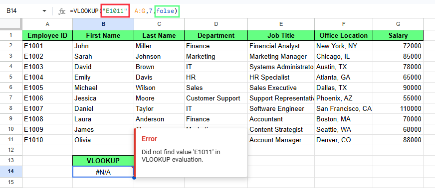 Exact match throws an error in VLOOKUP in Google Sheets